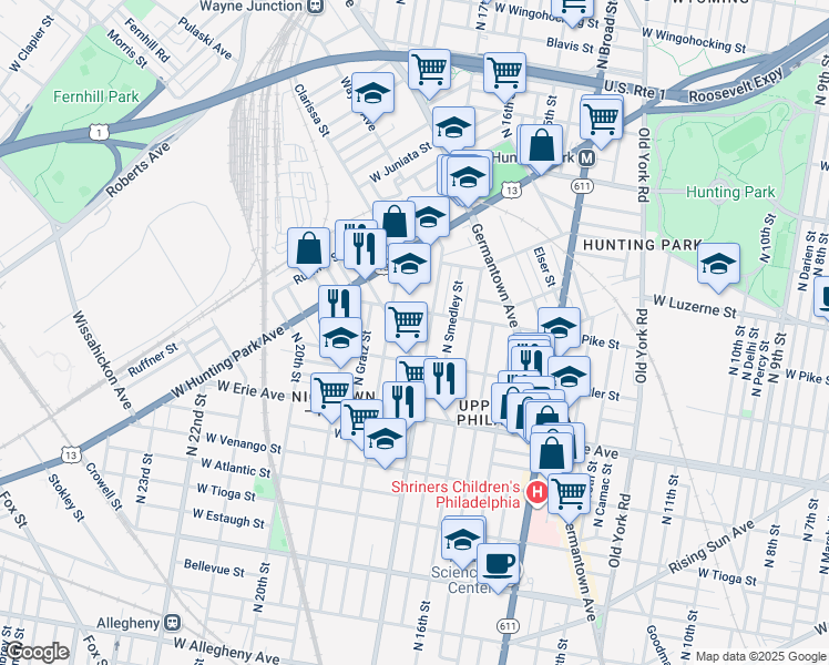 map of restaurants, bars, coffee shops, grocery stores, and more near 3835 North Bouvier Street in Philadelphia