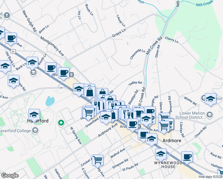 map of restaurants, bars, coffee shops, grocery stores, and more near 104 Woodside Road in Haverford