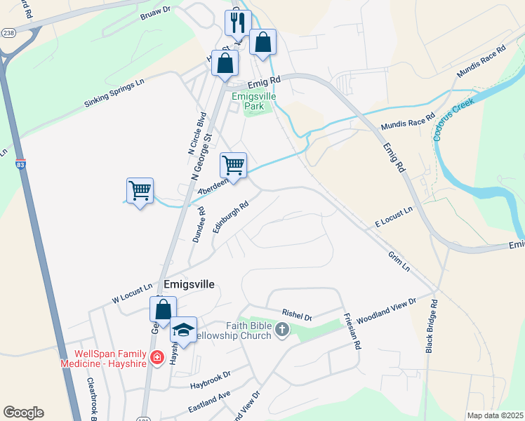 map of restaurants, bars, coffee shops, grocery stores, and more near 285 East Locust Lane in York