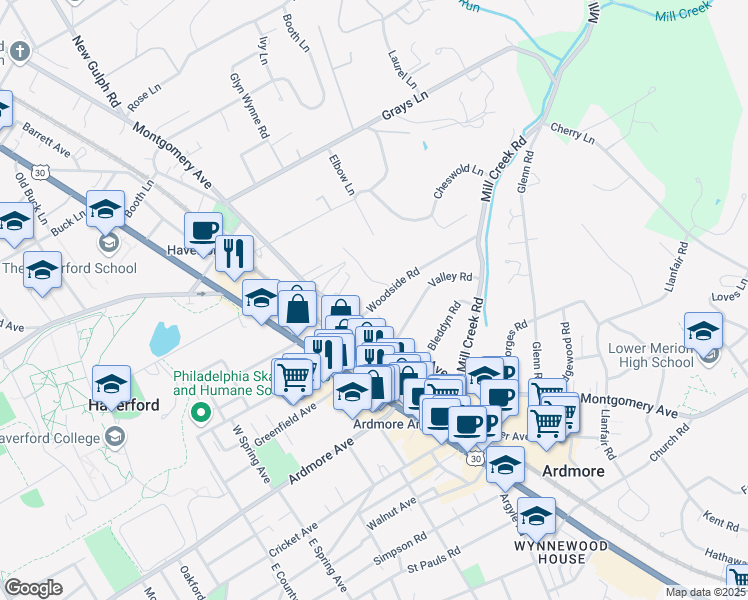 map of restaurants, bars, coffee shops, grocery stores, and more near 104 Woodside Road in Haverford