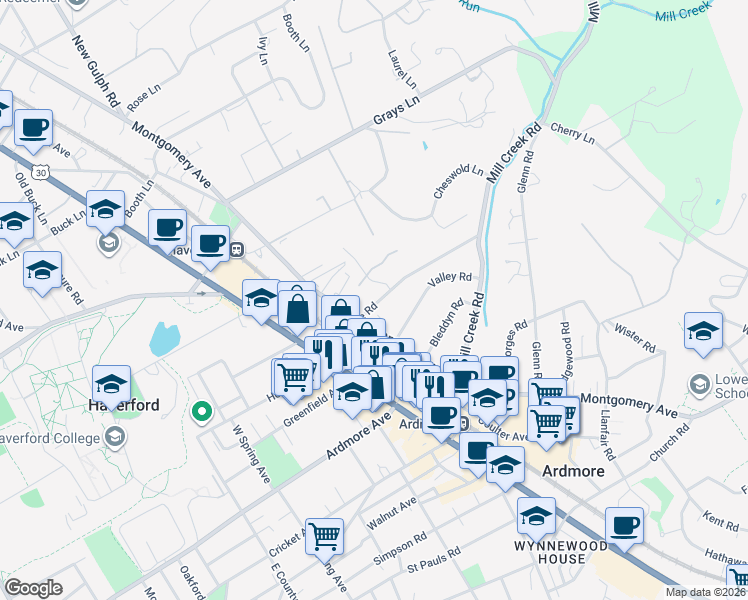 map of restaurants, bars, coffee shops, grocery stores, and more near 108 Woodside Road in Haverford