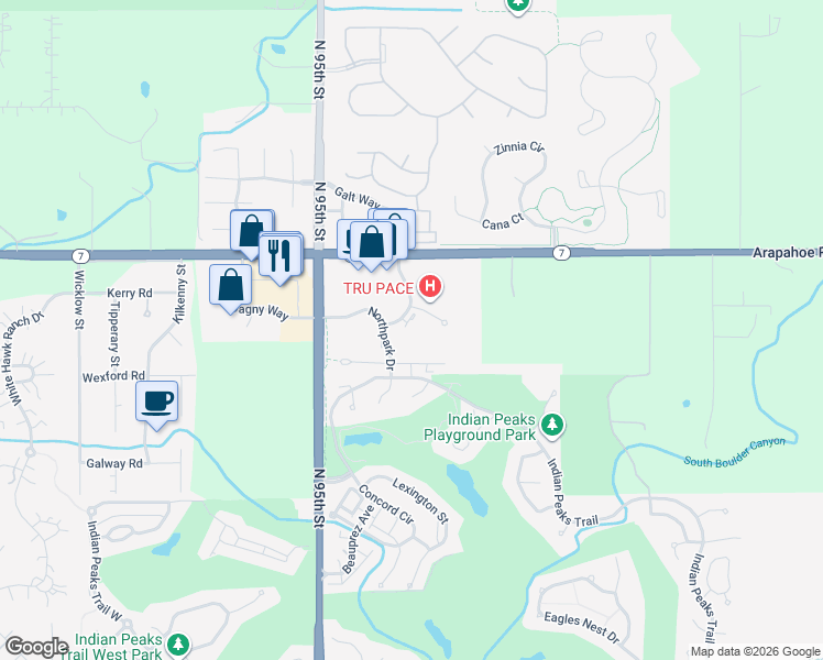 map of restaurants, bars, coffee shops, grocery stores, and more near 1340 Forest Park Circle in Lafayette