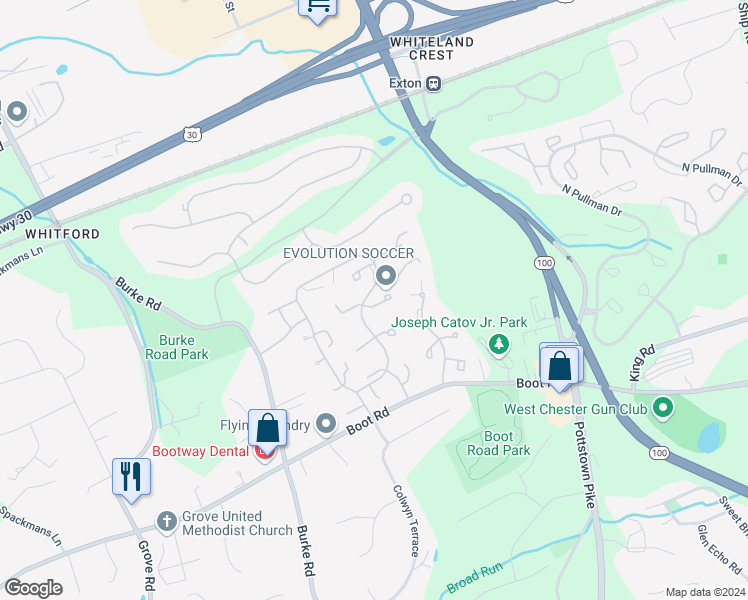 map of restaurants, bars, coffee shops, grocery stores, and more near 396 Anglesey Terrace in West Chester
