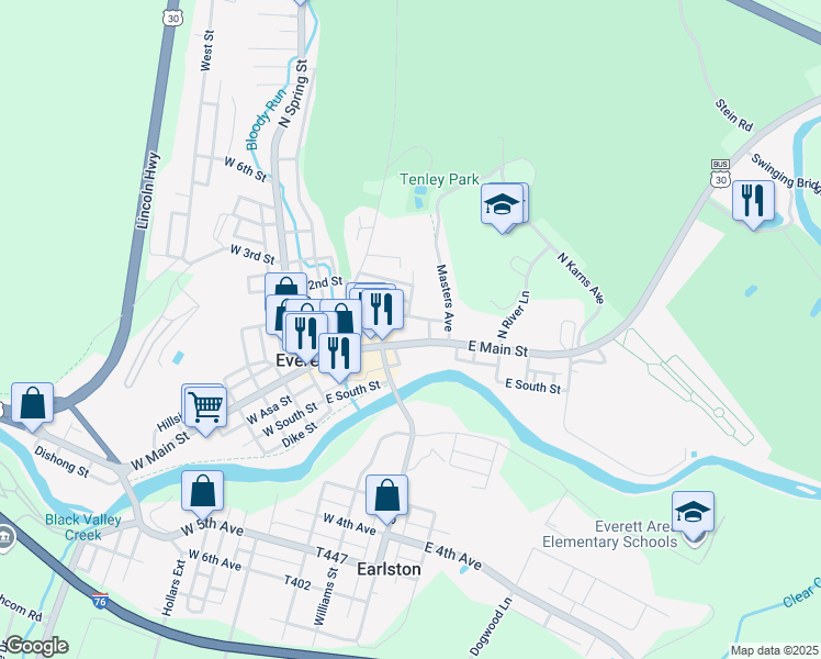 map of restaurants, bars, coffee shops, grocery stores, and more near 231 East Main Street in Everett
