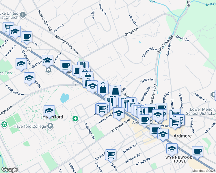 map of restaurants, bars, coffee shops, grocery stores, and more near 234 West Montgomery Avenue in Ardmore