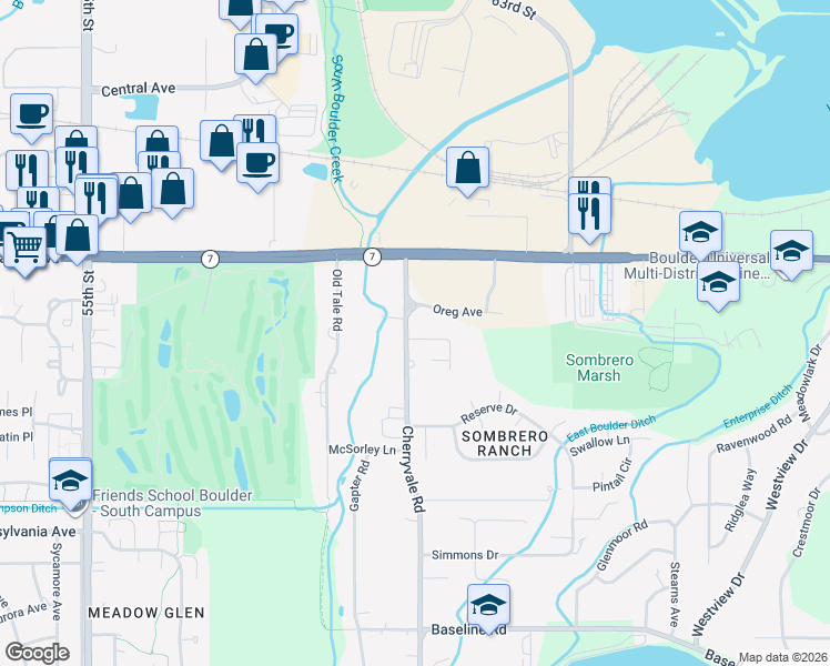 map of restaurants, bars, coffee shops, grocery stores, and more near 1468 Cherryvale Road in Boulder