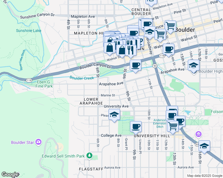 map of restaurants, bars, coffee shops, grocery stores, and more near 716 Arapahoe Avenue in Boulder