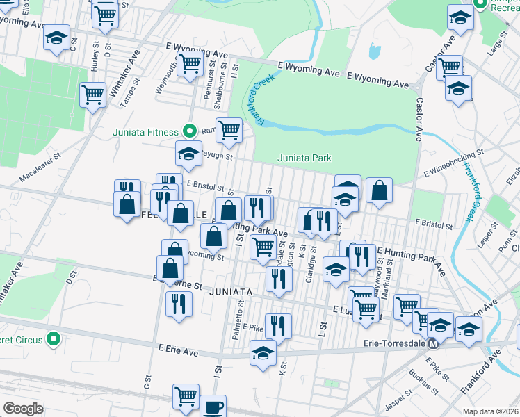 map of restaurants, bars, coffee shops, grocery stores, and more near 4243 Elsinore Street in Philadelphia