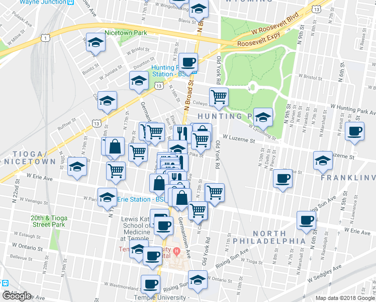 map of restaurants, bars, coffee shops, grocery stores, and more near 1347 West Pike Street in Philadelphia