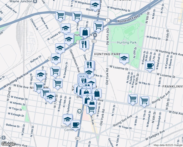 map of restaurants, bars, coffee shops, grocery stores, and more near 1347 West Pike Street in Philadelphia