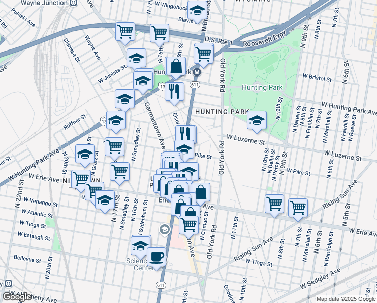 map of restaurants, bars, coffee shops, grocery stores, and more near 1347 West Pike Street in Philadelphia