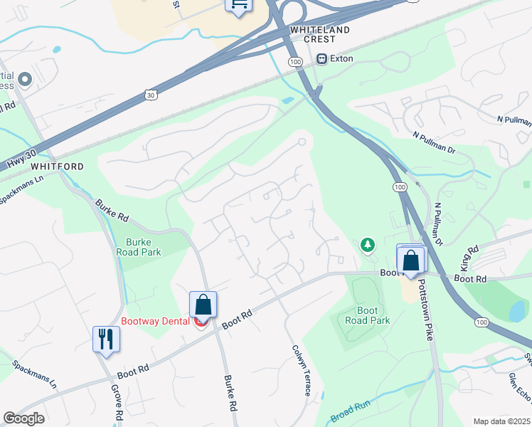 map of restaurants, bars, coffee shops, grocery stores, and more near 291 Anglesey Terrace in West Chester