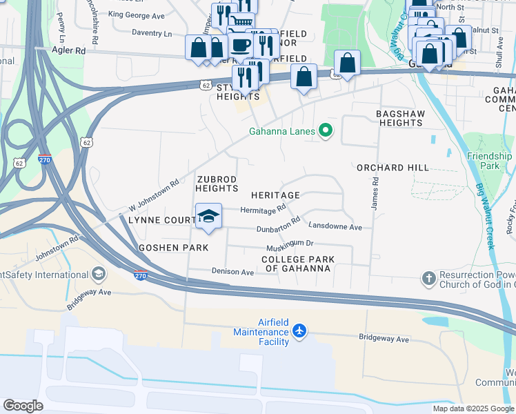 map of restaurants, bars, coffee shops, grocery stores, and more near 334 Hermitage Road in Columbus