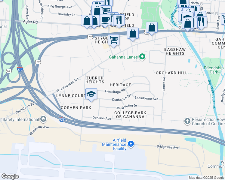 map of restaurants, bars, coffee shops, grocery stores, and more near 334 Hermitage Road in Columbus