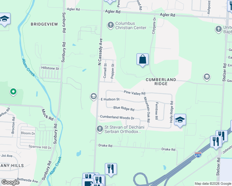 map of restaurants, bars, coffee shops, grocery stores, and more near 3065 Pine Valley Road in Columbus