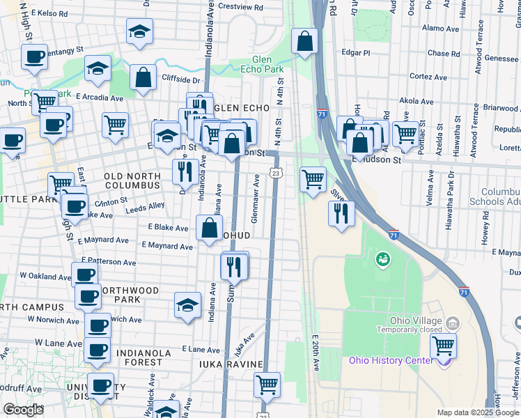 map of restaurants, bars, coffee shops, grocery stores, and more near 2401 North 4th Street in Columbus