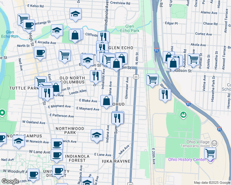 map of restaurants, bars, coffee shops, grocery stores, and more near 2404 Indiana Avenue in Columbus