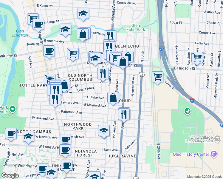 map of restaurants, bars, coffee shops, grocery stores, and more near 2444-2446 Deming Avenue in Columbus