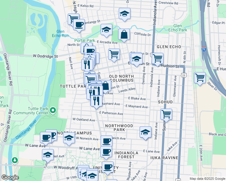 map of restaurants, bars, coffee shops, grocery stores, and more near 72 East Blake Avenue in Columbus