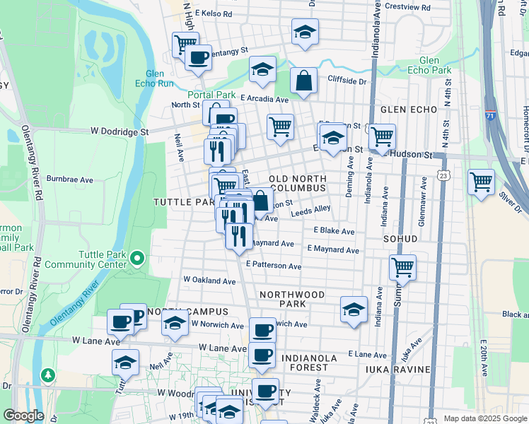 map of restaurants, bars, coffee shops, grocery stores, and more near 72 East Blake Avenue in Columbus