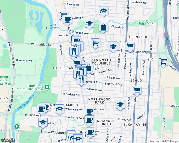 map of restaurants, bars, coffee shops, grocery stores, and more near 72 East Blake Avenue in Columbus