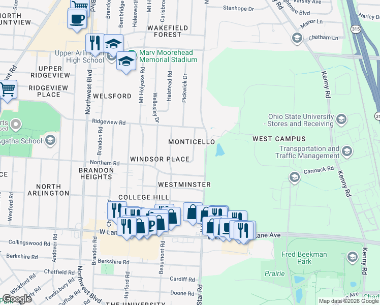 map of restaurants, bars, coffee shops, grocery stores, and more near 2681 Montcalm Road in Columbus