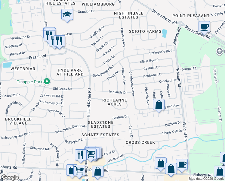 map of restaurants, bars, coffee shops, grocery stores, and more near 5216 Redlands Drive in Hilliard