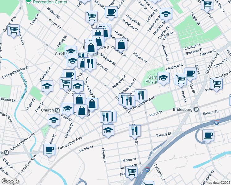 map of restaurants, bars, coffee shops, grocery stores, and more near 1821 Orthodox Street in Philadelphia