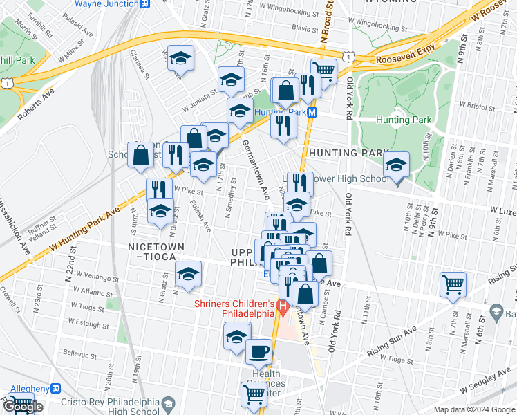 map of restaurants, bars, coffee shops, grocery stores, and more near 3855 North Sydenham Street in Philadelphia