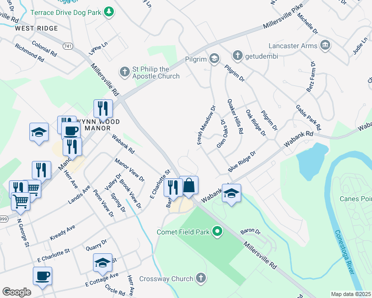 map of restaurants, bars, coffee shops, grocery stores, and more near 132 Oak Knoll Circle in Millersville