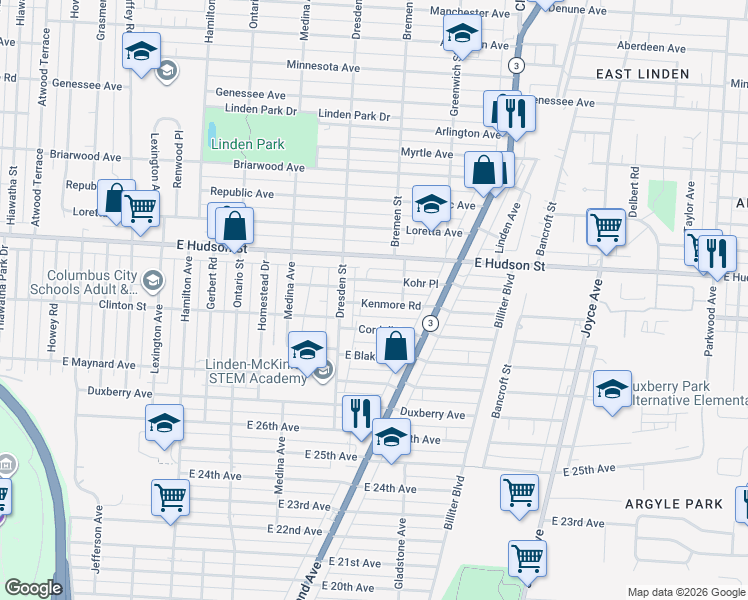 map of restaurants, bars, coffee shops, grocery stores, and more near 1442 Kenmore Road in Columbus