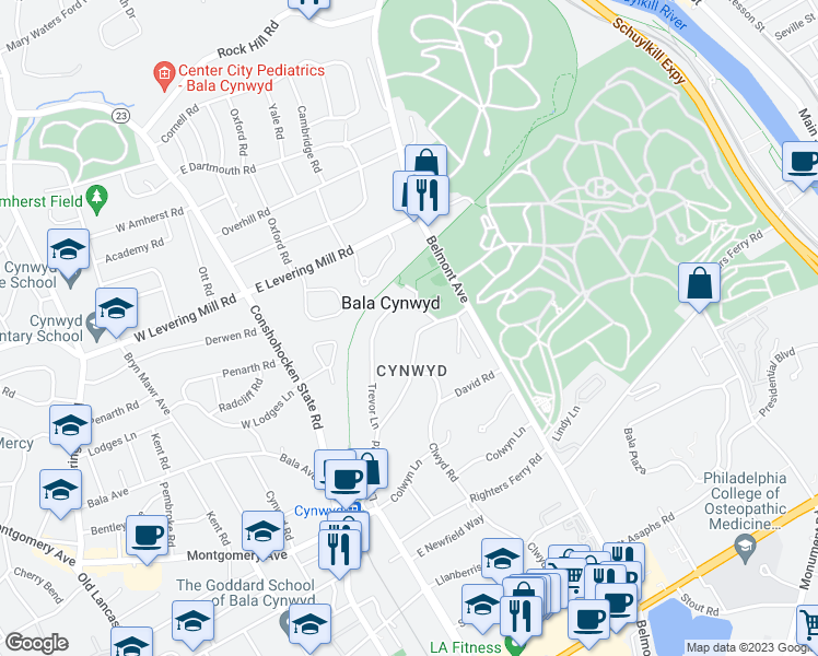 map of restaurants, bars, coffee shops, grocery stores, and more near 350 Llandrillo Road in Bala Cynwyd