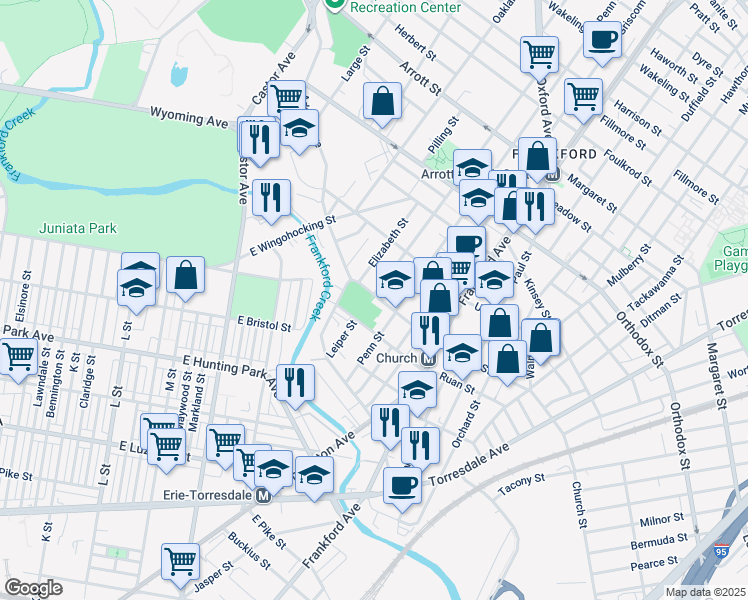 map of restaurants, bars, coffee shops, grocery stores, and more near 1400 Church Street in Philadelphia