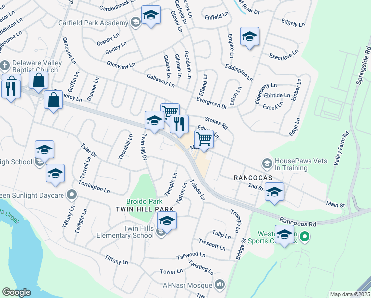 map of restaurants, bars, coffee shops, grocery stores, and more near 626 Beverly Rancocas Road in Willingboro