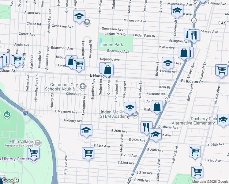 map of restaurants, bars, coffee shops, grocery stores, and more near 2272 Homestead Drive in Columbus