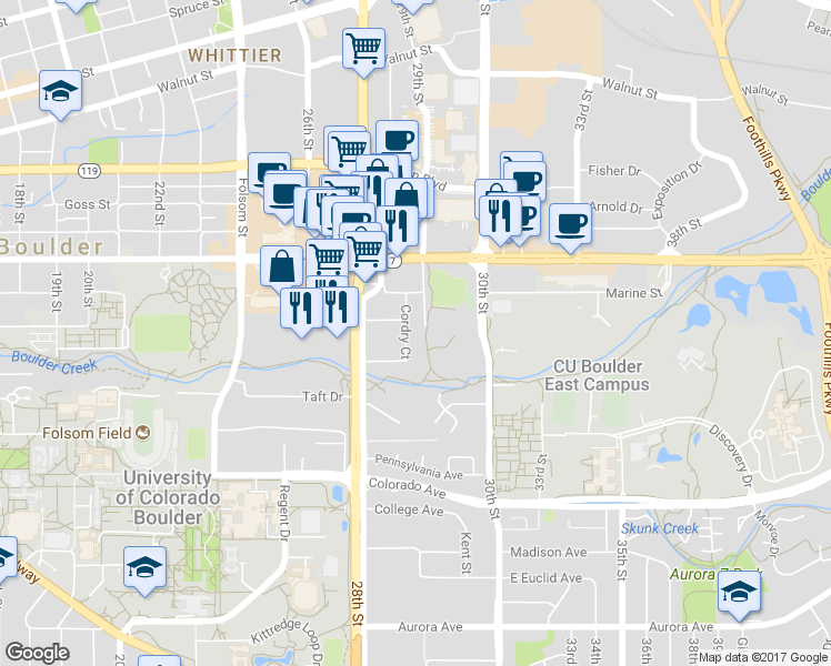 map of restaurants, bars, coffee shops, grocery stores, and more near 2818 Cordry Court in Boulder