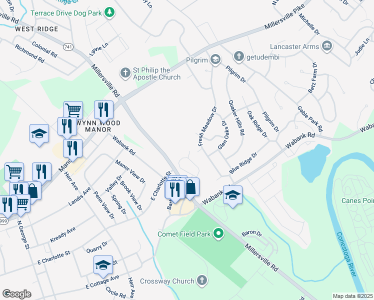 map of restaurants, bars, coffee shops, grocery stores, and more near 132 Oak Knoll Circle in Millersville