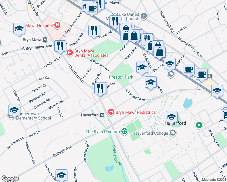 map of restaurants, bars, coffee shops, grocery stores, and more near 738 Buck Lane in Haverford