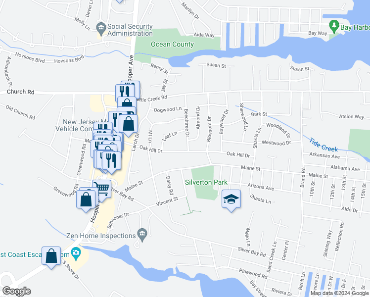 map of restaurants, bars, coffee shops, grocery stores, and more near 82 Beechtree Drive in Toms River