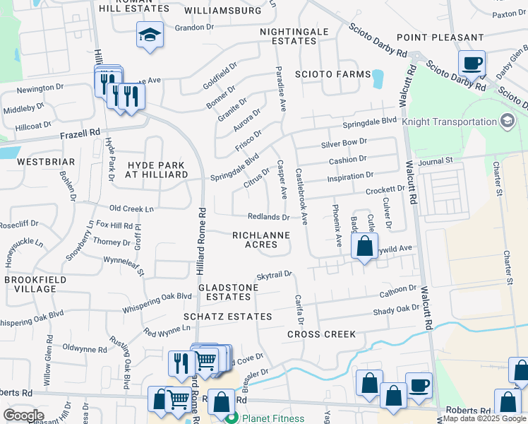 map of restaurants, bars, coffee shops, grocery stores, and more near 5216 Redlands Drive in Hilliard