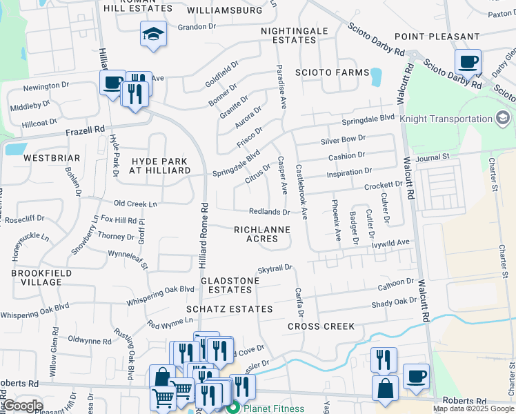 map of restaurants, bars, coffee shops, grocery stores, and more near 5216 Redlands Drive in Hilliard