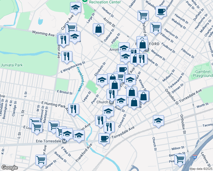 map of restaurants, bars, coffee shops, grocery stores, and more near 4323 Penn Street in Philadelphia