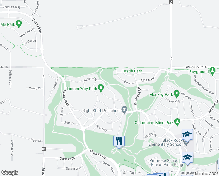 map of restaurants, bars, coffee shops, grocery stores, and more near 1447 Hickory Drive in Erie