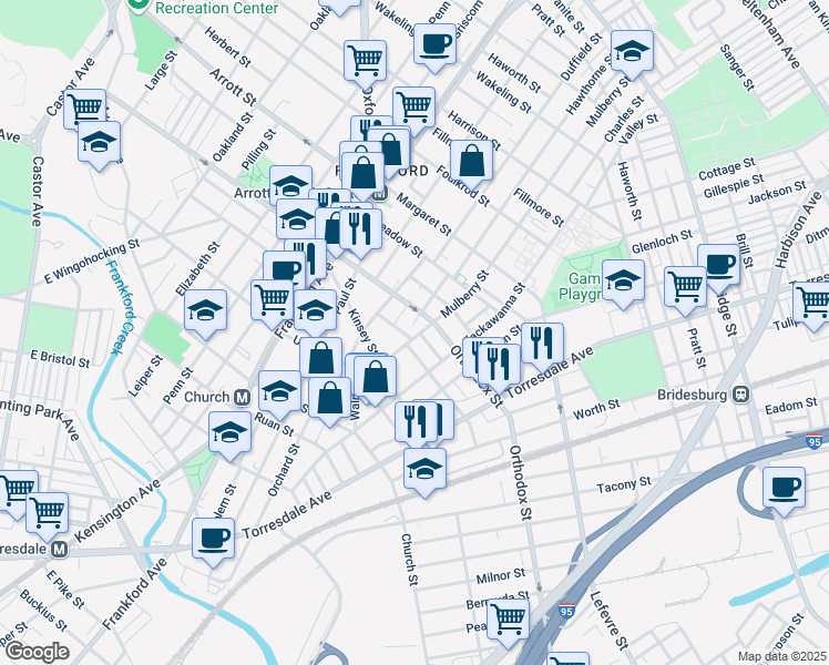 map of restaurants, bars, coffee shops, grocery stores, and more near 4552 Mulberry Street in Philadelphia