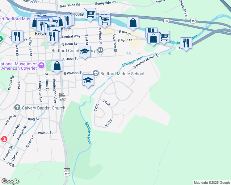 map of restaurants, bars, coffee shops, grocery stores, and more near 114 Court Street in Bedford