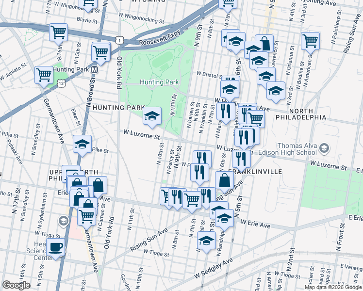 map of restaurants, bars, coffee shops, grocery stores, and more near 3958 North 8th Street in Philadelphia