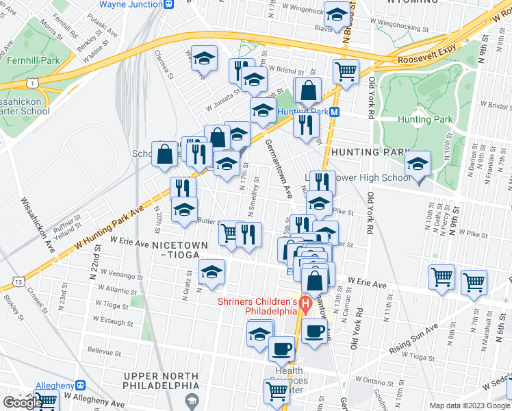 map of restaurants, bars, coffee shops, grocery stores, and more near 3847 North Smedley Street in Philadelphia