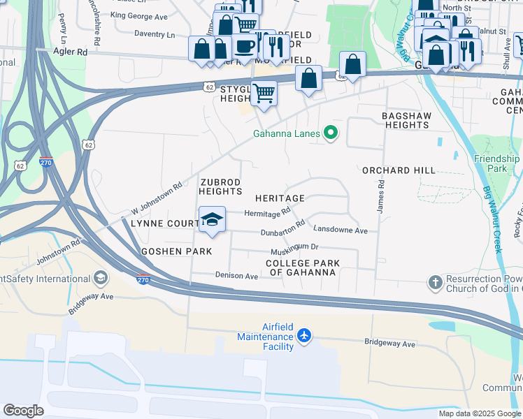 map of restaurants, bars, coffee shops, grocery stores, and more near 334 Hermitage Road in Columbus