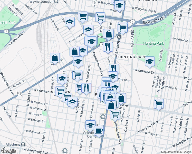 map of restaurants, bars, coffee shops, grocery stores, and more near 3862 North Sydenham Street in Philadelphia