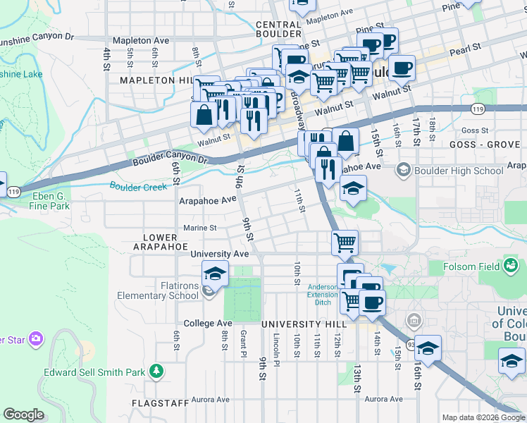 map of restaurants, bars, coffee shops, grocery stores, and more near 949 Marine Street in Boulder